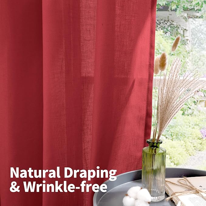 YoungsTex Red Linen Kitchen Curtains 40 Inch Length, Short Light Filtering Drapes with Grommet Semi Sheer Privacy Christmas Decor for Cafe Bathroom Window, 2 Panels, 42 X 40 Inch