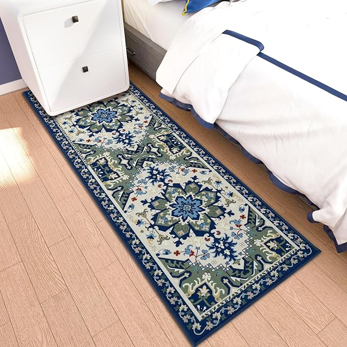 Runner Rug with Non Slip Rubber Backing, Washable Soft Floor Carpet for Kitchen, Hallway, Entryway Indoor, Bedroom, Laundry, Low Pile Area Rugs, Geometric Floral, Blue Pattern, 2' * 6'