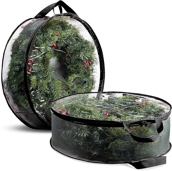 ZOBER 2 Pack Christmas Wreath Storage Container 30 Inch - Wreath Bag for Artificial Wreaths Box - Dual Zippered Wreaths Storage Bag with Durable Stitch Reinforced Handles - Black
