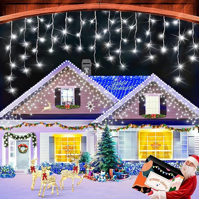 XURISEN 66ft Christmas Lights Decorations Outdoor, 640 LED 8 Modes Curtain Fairy Lights with 120 Drops,Plug in Waterproof Timer Memory Function for Christmas Holiday Wedding Party Decor(Cool White)