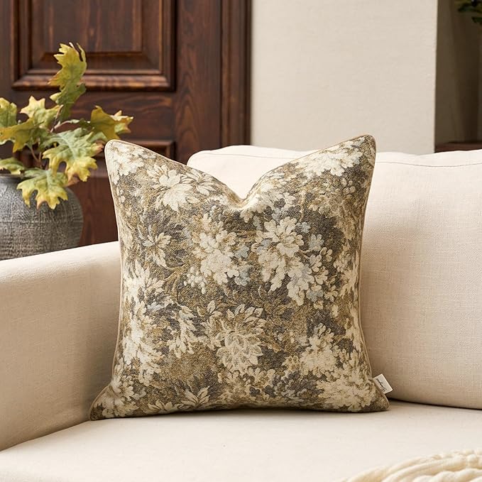Yangest Neutral Floral Pillow Cover 24 x 24 Inches, Vintage Chenille Square Throw Pillow Cover Soft Decorative Farmhouse Accent Couch Pillow Cover for Living Room Bedroom, Beige