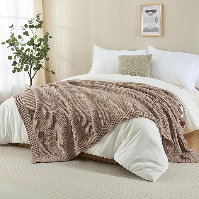 Knitted Throw Blanket 50"X60", Taupe Knit Throws for Bed, Super Soft Boho Chevron Blankets for Couch Sofa Chair Room Decor, Textured Decorative Farmhouse Cozy Lightweight