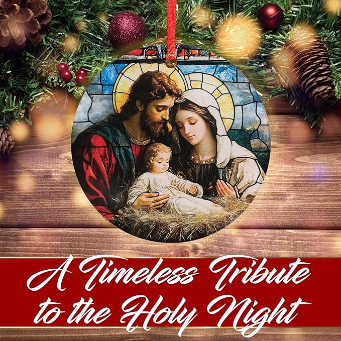 Holy Family Nativity Stained-Glass Style Acrylic Ornament - Traditional Catholic & Christian Christmas Decor, Religious Decorative Hanging Ornaments for Tree