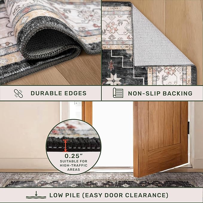 Black 2x7 Long Runner Rugs for Entryway, Throw Runners for Kitchen Hallway, Boho Vintage Floral Decor & Non-Slip Low-Pile Washable Stain Resistant Ashen Charcoal Rug
