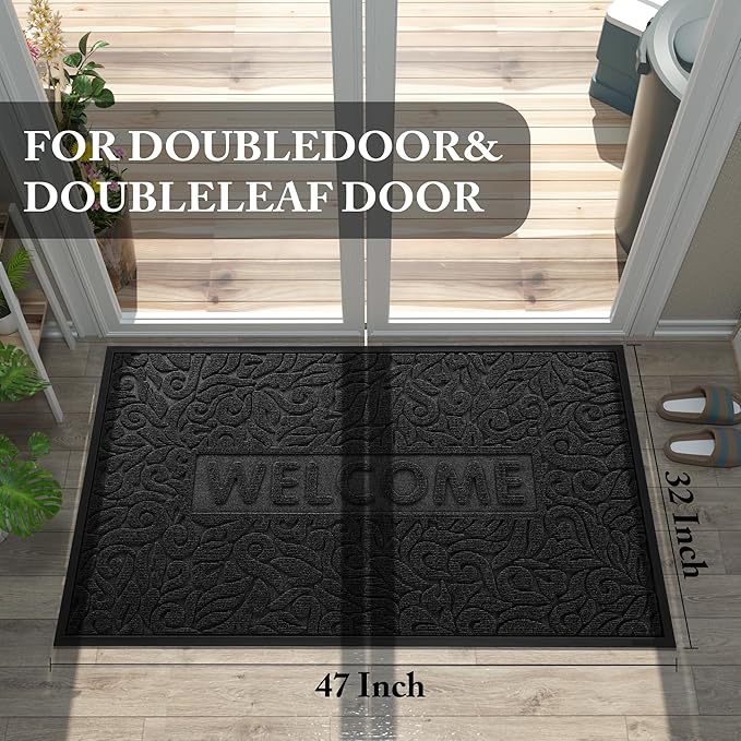 Yimobra Large Welcome Mat 47x32, Waterproof Non-Slip Outdoor Mats for Front Door Outside Entrance, Low-Profile Entryway Mat Indoor for Garage Patio, Black