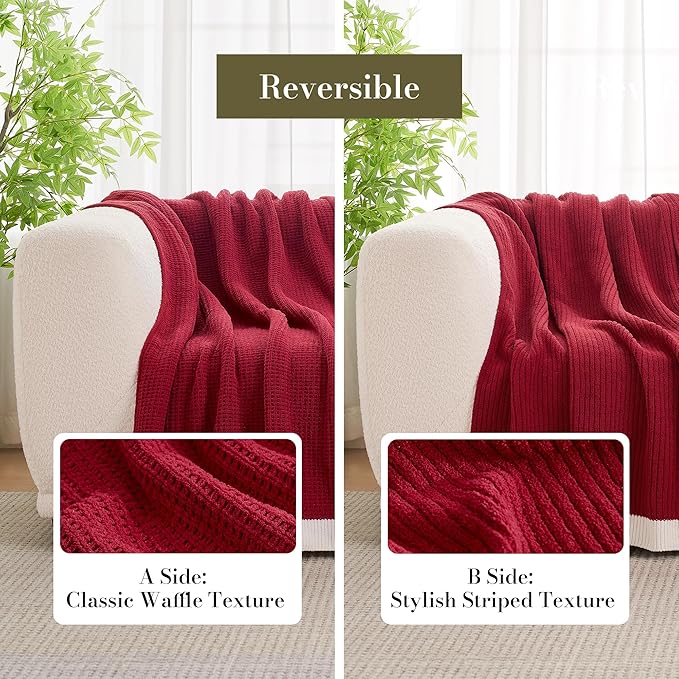 Amélie Home Chenille Waffle Throw Blanket for Couch, Soft Cozy Knit Blanket Warm Decorative Throw for Sofa, 50"x60", Christmas Red