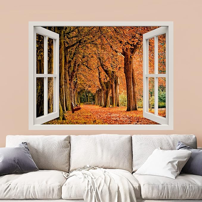 wall26 Removable Wall Sticker/Wall Mural Window View Autumn Season Orange Forest Tree Trail Wilderness Nature Photography Realism Rustic Landscape Colorful for Living Room, Bedroom, Office - 36"x48"