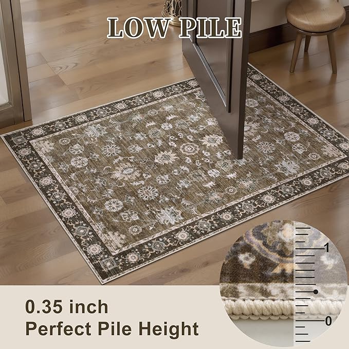 Tangsoo 3x5 Brown Washable Rug, Vintage Throw Entryway Rugs Non Slip, Soft Low Pile Floor Rug Floral Indoor Area Rugs Carpet for Living Room Bedroom Office Laundry Bedside Entry Entryway Farmhouse