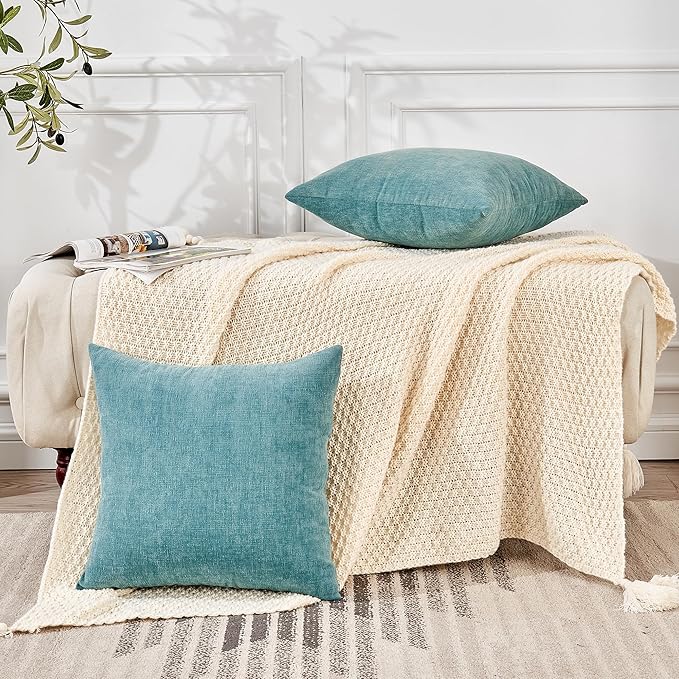 GAWAMAY Decorative Chenille Throw Pillow Covers 24x24 Inch Pack of 2, Soft Square Couch Pillow Cover for Sofa Cushion Living Room Bedroom Solid Dyed Pillowcases Smoke Blue 60x60cm (ONLY Covers)