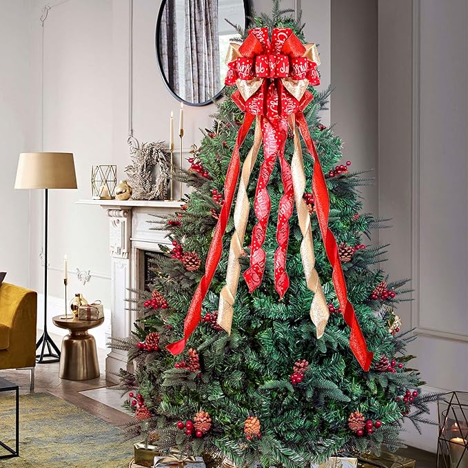 Christmas Tree Topper Christmas Wreath Bow 45"x12" Large Christmas Toppers Bow with Letter Patterned for Xmas Tree Rustic Farmhouse Home Holiday Party Decorations Red