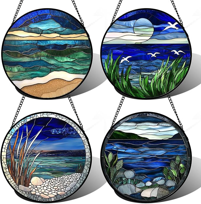 Stained Glass Window Hanging 4 Pcs Set Navy Blue Ocean Landscape 6.3" - Suncatcher Door Garden Sun Catcher Decor Birthday Mother's Day for Mom Woman Nana Girl Boy Friend