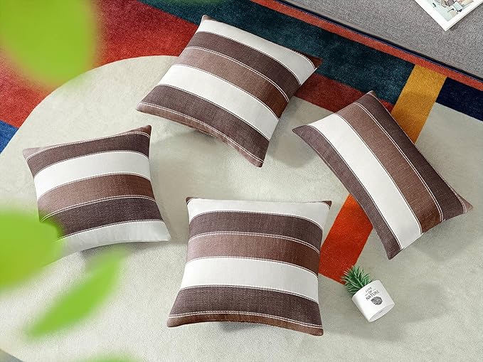 AmHoo Pack of 2 Farmhouse Stripe Check Throw Pillow Covers Set Case Cotton Linen Decorative Pillowcases Cushion Cover for Couch Bench Sofa 12x20Inch Brown