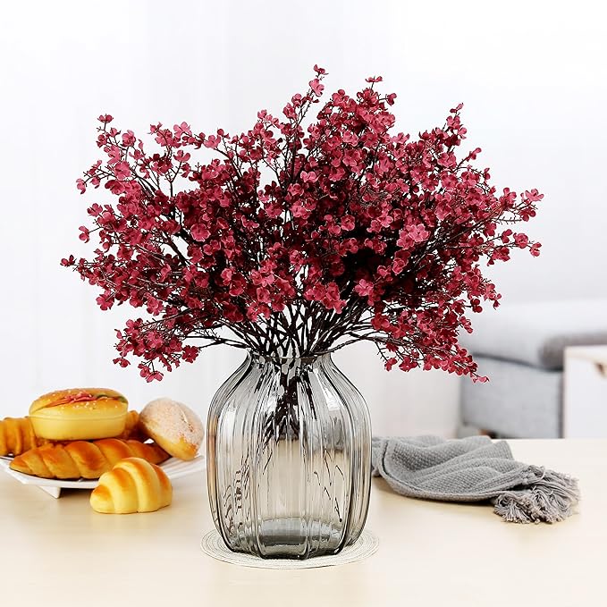 JAKY-Global Babys Breath Fabric Cloth Burgundy Artificial Flowers 6 Bundle European Fake Silk Plants Decor Wedding Party Decoration Bouquets Real Touch DIY Home Garden (Wine Red)
