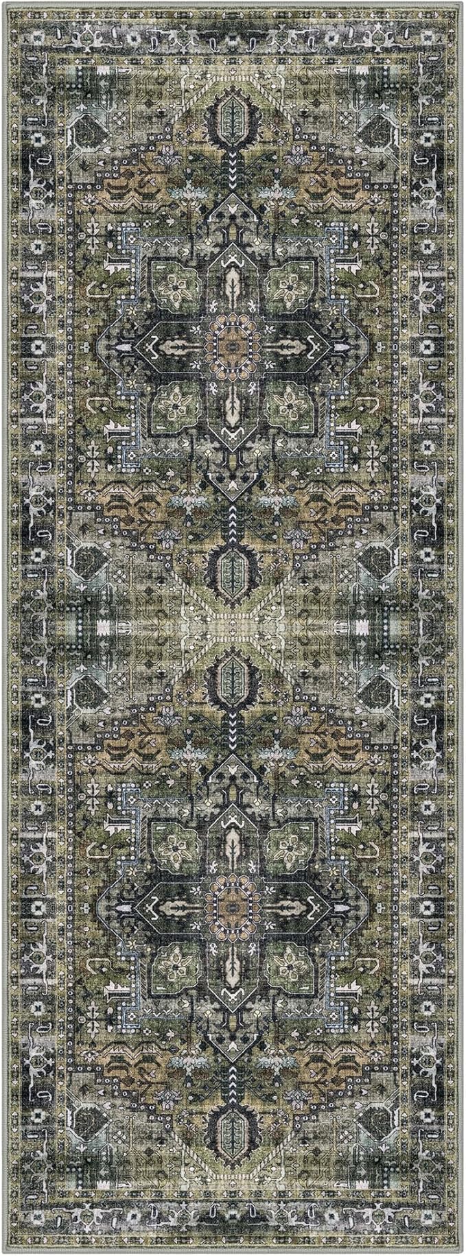 KOZYFLY Runners for Hallways 2x6 Ft Washable Kitchen Runner Rug Boho Runner Rug for Entryway Indoor Printed Oriental Faux Wool Floor Carpet Runner for Bedroom Kitchen Hall, Charcoal/Green/Olive