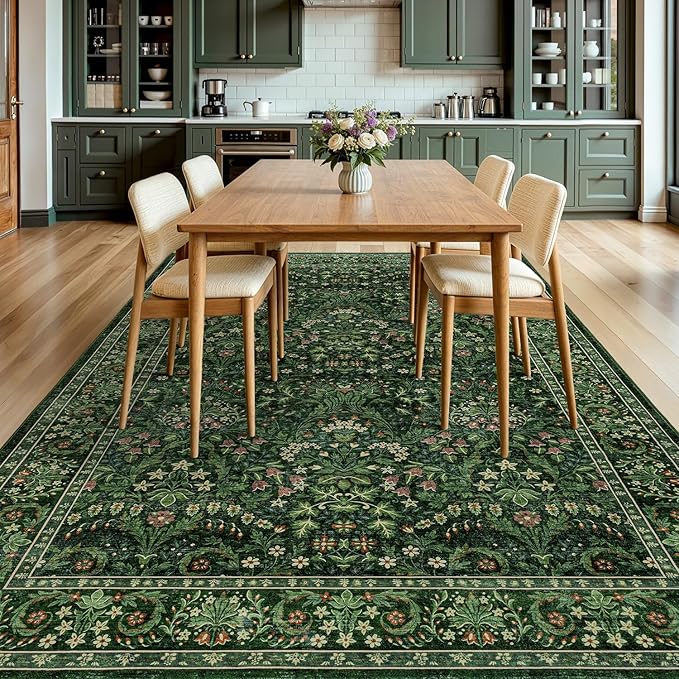 Woaboy Washable 5x8 Area Rug for Living Room Bedroom Dining Room Office, Non-Slip Low Pile Stain Resistant Soft Carpet for Vintage Christmas Floral Oriental Home Decor Grass Green