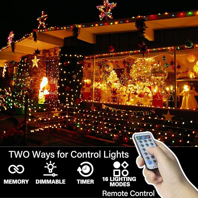 LAMPHOME 66ft Christmas Decorative Mini Lights, 200 LED Green Wire Fairy Starry String Lights Plug in, 16 Lighting Modes for Outdoor Xmas Tree Wedding Party Decoration (Warm and Multicolor)