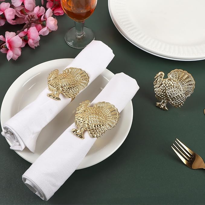 ALPHA Living HOME Turkey Napkin Rings Set of 12 for Thanksgiving Table Decor | Premium Metal Dinnerware Holders | Fall Harvest, Christmas & Holiday Banquet Accessories (Gold)