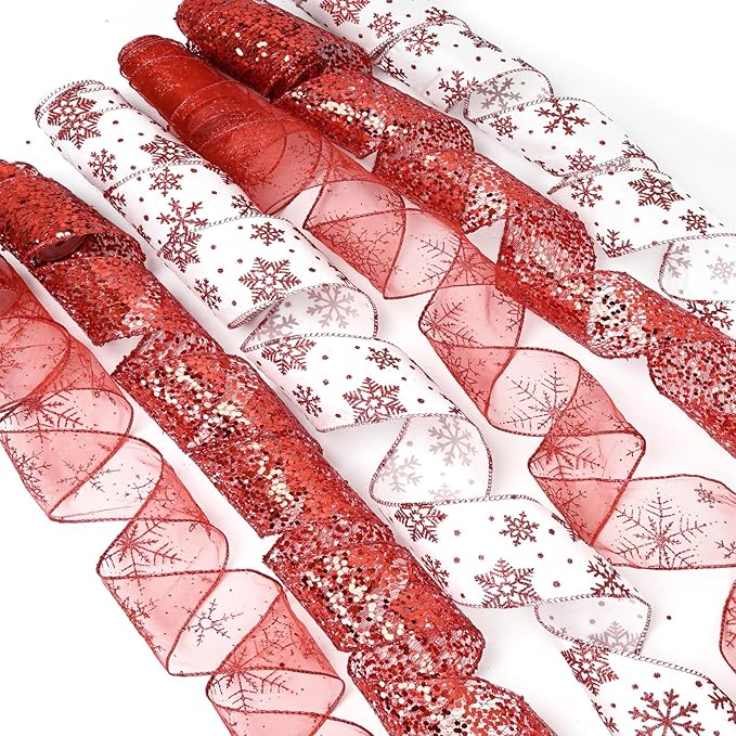 Red and White Snowflake Glitter Topper Bow for Christmas Tree 11 Inch Topper Bow with 6 Ribbons 3 Yards Long Each Tails Christmas Tree Ribbon Bows Elegant Holiday Décor