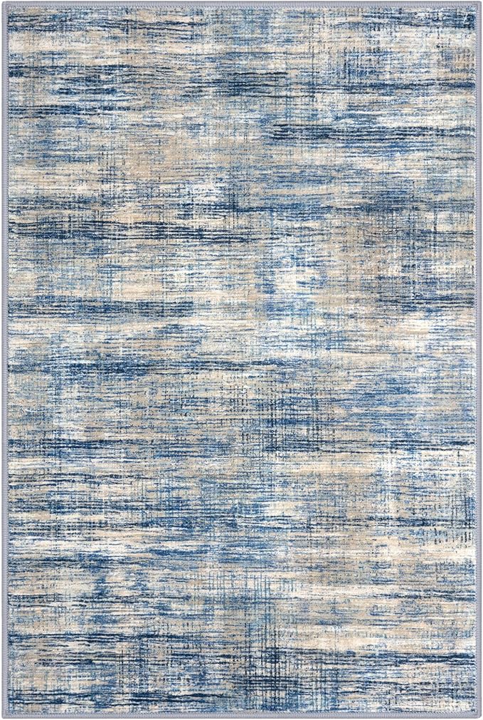 Modern Abstract 2x3 Rugs for Entryway Blue Beige Washable Small Area Rug Non-Slip Ultra Thin Soft Print Striped Low-Pile Indoor Door Mat Floor Carpet for Entrance, Bedroom, Bathroom