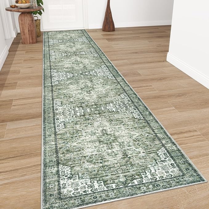 2.6x14 Washable Rug for Entryway, Green Soft Printed Area Rug, Non-Slip Kitchen Rugs, Low-Pile Medallion Indoor Door Mat, Small Farmhouse Carpet for Entrance Kitchen Foyer Bedside