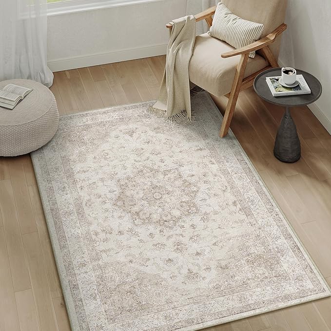Beige Area Rug 3x5 Washable Vintage Carpet for Entryway Office Soft Retro Kitchen Low Pile Thin Door Mat Non Slip Oriental Medallion Throw Rug for Bathroom Bedroom Dining Living Room