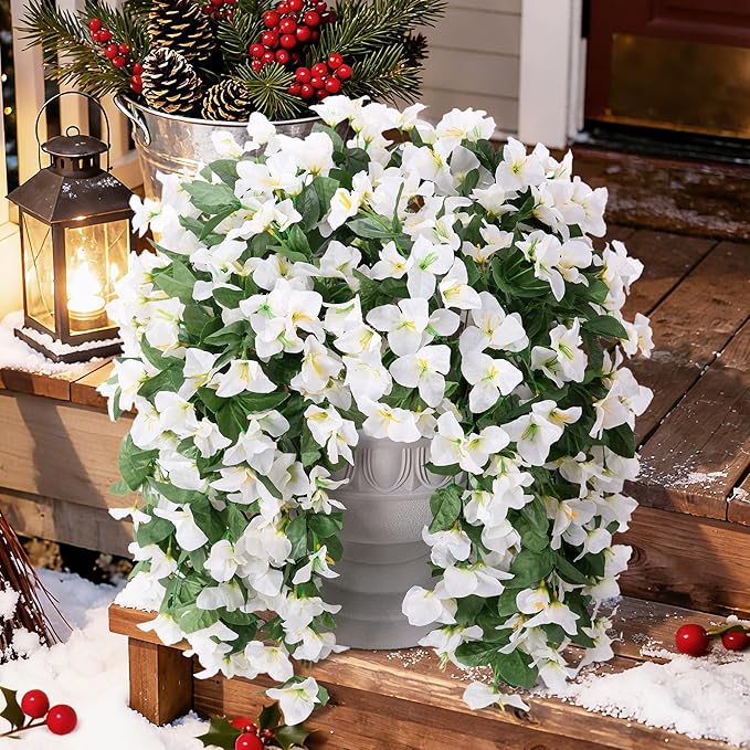 Faux Bougainvillea Artificial Flowers Plants for Outdoors Outside Decoration, 2 PCS White Fake Flowers UV Resistant Look Real Silk Long Trailing Vines for Front Door Porch Planter Patio Garden Yard