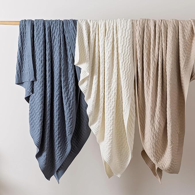 WDCOZY Cable Knit Throw Blanket – Super Soft, Warm & Lightweight Knitted Jacquard Throw Blanket for Couch, Sofa, Bed, Chair, Cozy Texture Farmhouse Decorative Home Blanket, Beige 50x60 inches