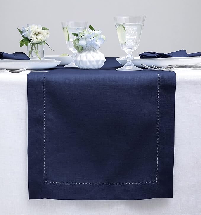 Solino Home Linen Navy Blue Table Runner 120 Inches Long - 100% Pure Linen Hemstitch 14 x 120 Inch Table Runner for Dining, Easter - Classic Hemstitch