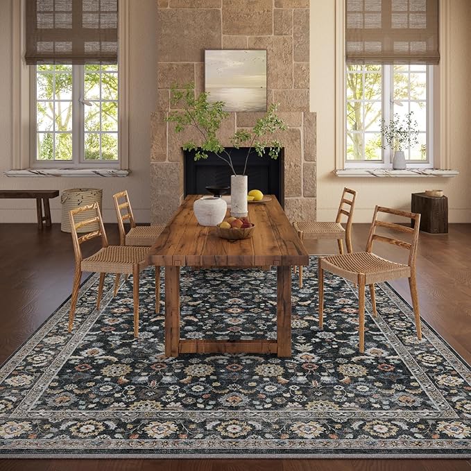 Washable Area Rugs for Living Room: 6x9 Bedroom Rug Vintage Boho Area Rug Stain Resistant Non Slip Low Pile Lightweight Soft Carpets for Living Room Dining Room Kitchen Nursery Kids Room Farmhouse