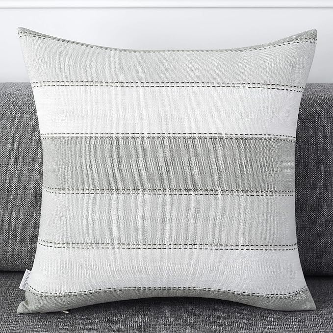 AmHoo Pack of 2 Farmhouse Stripe Check Throw Pillow Covers Set Case Cotton Linen Decorative Pillowcases Cushion Cover for Couch Bench Sofa 22x22Inch Light Grey Beige