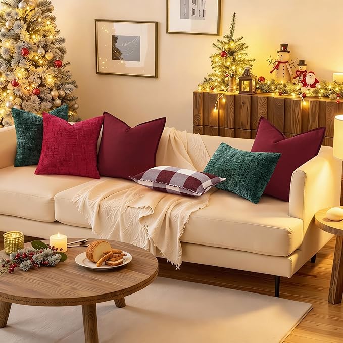 decorUhome Christmas Red Chenille Throw Pillow Covers 20x20 Set of 2 Thick Textured Slubby Couch Pillow Covers Farmhouse Accent Modern Neutral Decorative Pillow Cases for Bed Sofa Living Room