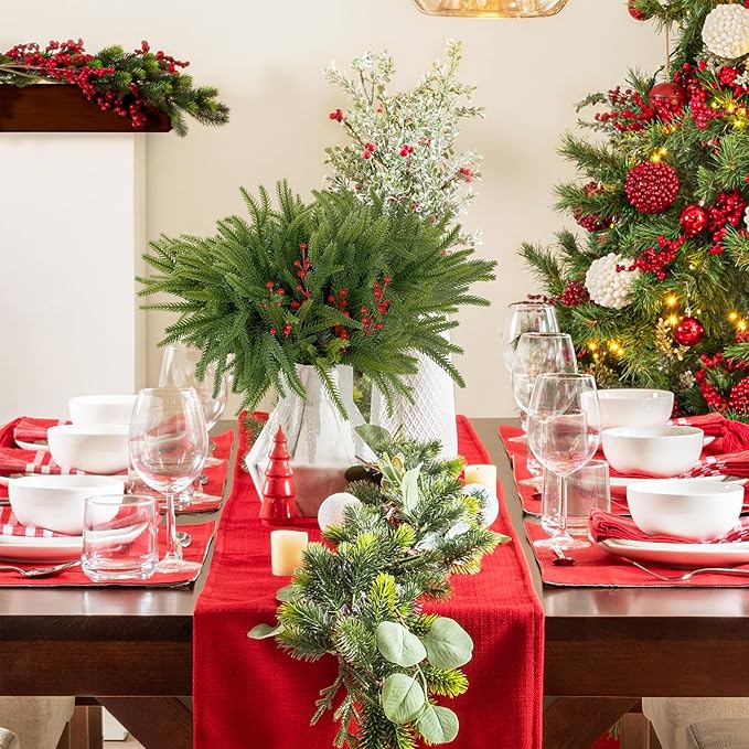 Fovths 12 Pack Christmas Norfolk Pine Branches with Red Berries 18 Inch Norfolk Pine Stems Artificial Norfolk Pin Needle Branches DIY Crafts Faux Greenery for Xmas Home Decor Garland Wreath Craft