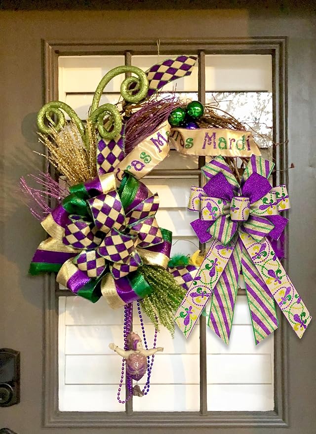 Mardi Gras Wreath Bows Mardi Gras Glitter Strips Flower De Luce Burlap Ribbon Decor Bows for Wreath, Mardi Gras Tree Topper Bow for Lundi Gras Party Fat Tuesday Home Indoor Outdoor Decoration Ornament