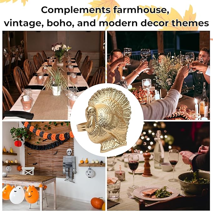 ALPHA Living HOME Turkey Bird Gold Napkin Rings Set of -12 for Dinner Parties, Weddings Receptions, Family Gatherings, or Everyday Use - Set Your Style with Daily Use Table Décor Accessories