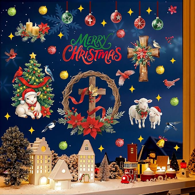 Merry Christmas Window Clings,Christian Christmas Window Stickers Sheep,Christian Jesus Wall Decals,Xmas Religious Cross Wall Stickers for Party Home Living Room Bedroom