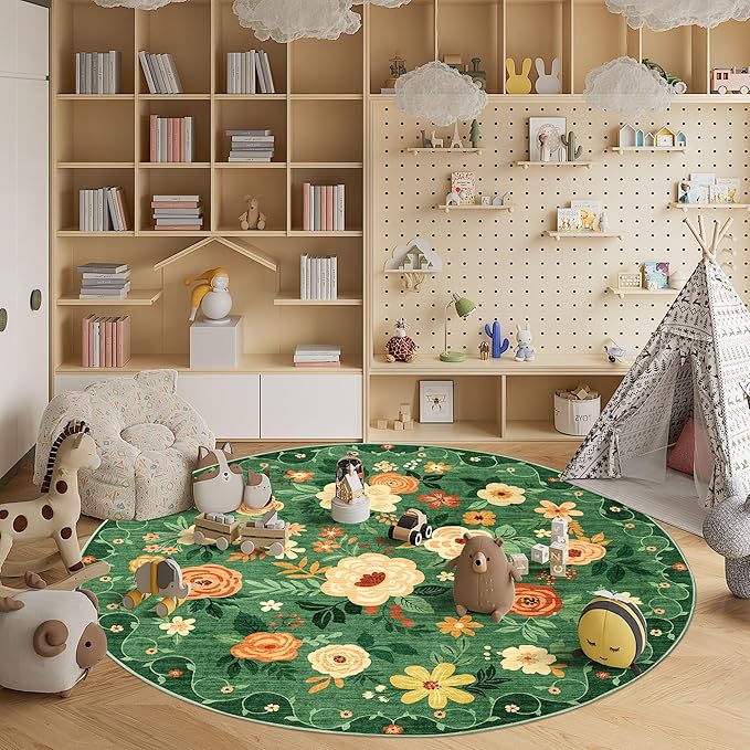DUKINO Floral Round Rug, 6ft Washable Circle Rug, Non Slip Indoor Low Pile Circle Rug, Soft Small Boho Design Carpet for Bedroom, Entryway, Living Room, Dining Room, Dark Green