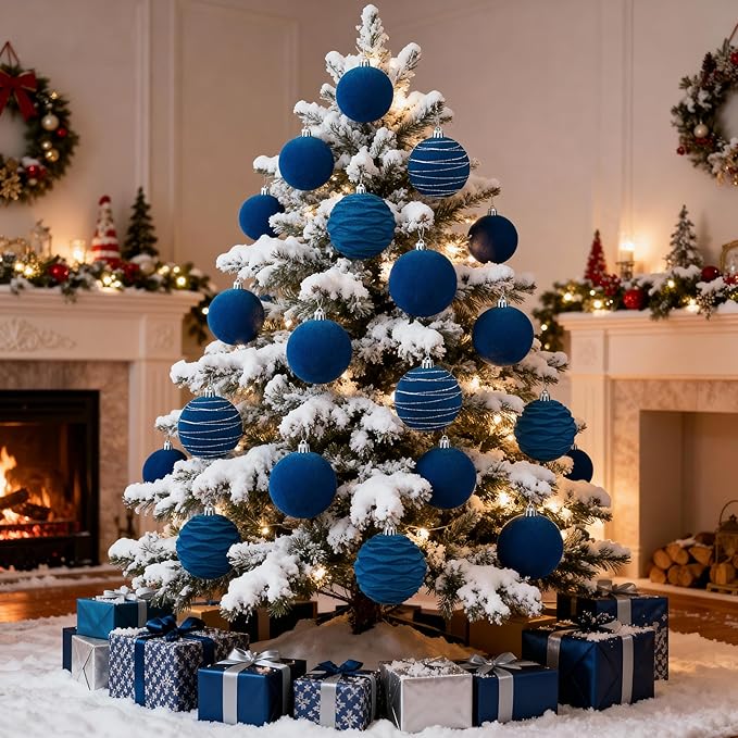 Artmag 6Pcs Velvet Christmas Ornaments Balls Sets for Christmas, Plastic Shatterproof Xmas Tree Flocked 3.94 inch Ornaments Balls for Winter Holiday Decor (Blue)