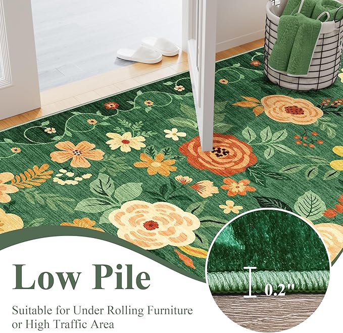 DUKINO Floral Round Rug, 6ft Washable Circle Rug, Non Slip Indoor Low Pile Circle Rug, Soft Small Boho Design Carpet for Bedroom, Entryway, Living Room, Dining Room, Dark Green