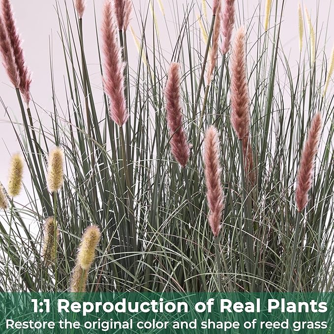 3ft Onion Grass, Artificial Plant and Greenery, Fake Floor Plants Indoor Outdoor, Faux Horsetail Reed Grass with 7 Pink Flower Crowns, Potted, House Decorative