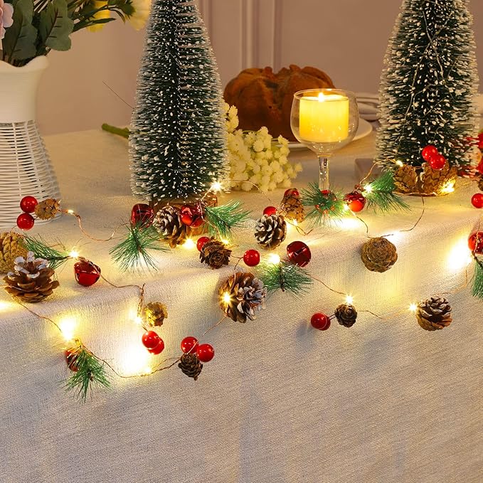 Christmas Decorations Indoor-10FT Enchanting Christmas Garland with 30 LED Lights Battery Operated-Realistic Red Berries & Pine Cones Decor for Tree,Fireplace Mantel,Indoor Holiday Home Decor