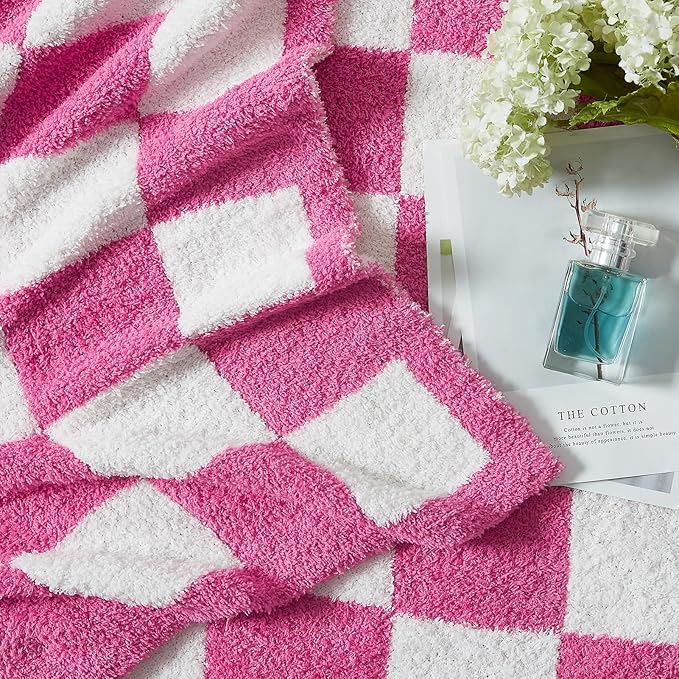 WRENSONGE Checkered Throw Blanket, Hot Pink Soft Cozy Fluffy Warm Hand Made Throw Blankets for Couch, Sofa, Chair, Bed, Camping, Picnic, Travel Lightweight Bed Blanket - 60"*80"