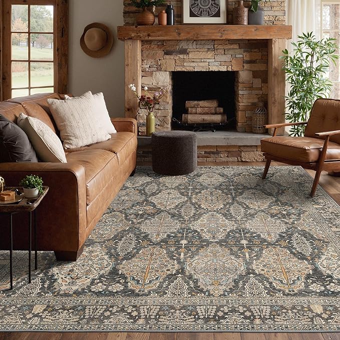 GENIMO 6x9 Area Rugs for Living Room, Machine Washable Low Pile Rugs, Chenille Non Alip Vintage Rug for Bedroom, Dining Room, Home Office, Charcoal Tan