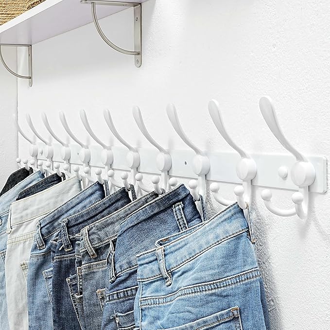 Dseap MaxStrong 2.0 Coat Rack Wall - 37” Long 10 Tri Hooks - Ultra Heavy-Duty Stainless Steel Wall Mount Coat Hanger, Hook Rail for Clothes Hats Jacket Towels White