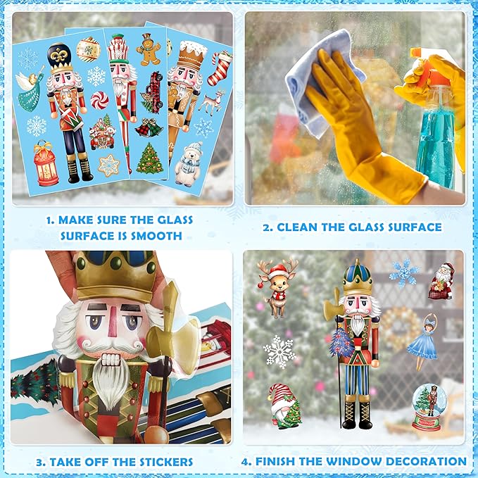 BORAMDO Christmas Nutcracker Window Clings - 12 Sheets of Removable Decals, Stickers for Glass Windows, Xmas Holiday Home Office Decor, 12 Styles