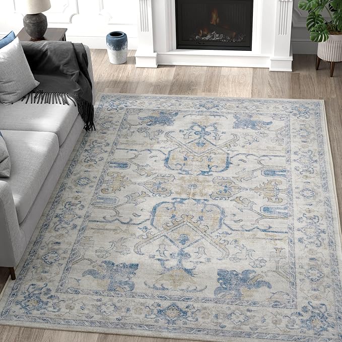 jinchan 5x7 Area Rugs Machine Washable Vintage Floral Throw Rug for Living Room Soft Ultra-Thin Low Pile Non-Slip Carpet for Kitchen, Bedroom, Dining Room, Nursery (5x7ft, Blue)