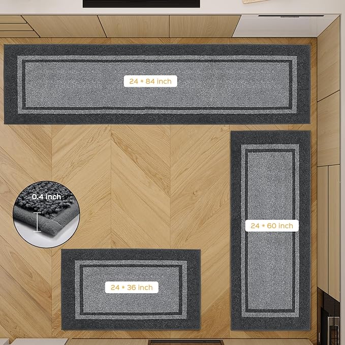 Kitchen Rugs 24" x 84", Non-Slip Machine Washable Kitchen Runner Rugs Floor Mats, Absorbent Comfort Standing Mats for Kitchen, Sink, Laundry and Hallway, Rolled Packaging, Light Grey & Dark Grey