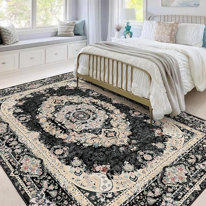 5x7 Area Rugs Washable,Black Rug for Living Room Bedroom Kitchen,Large Boho Vintage Bohemian Distressed Carpet Non Slip,Floral
