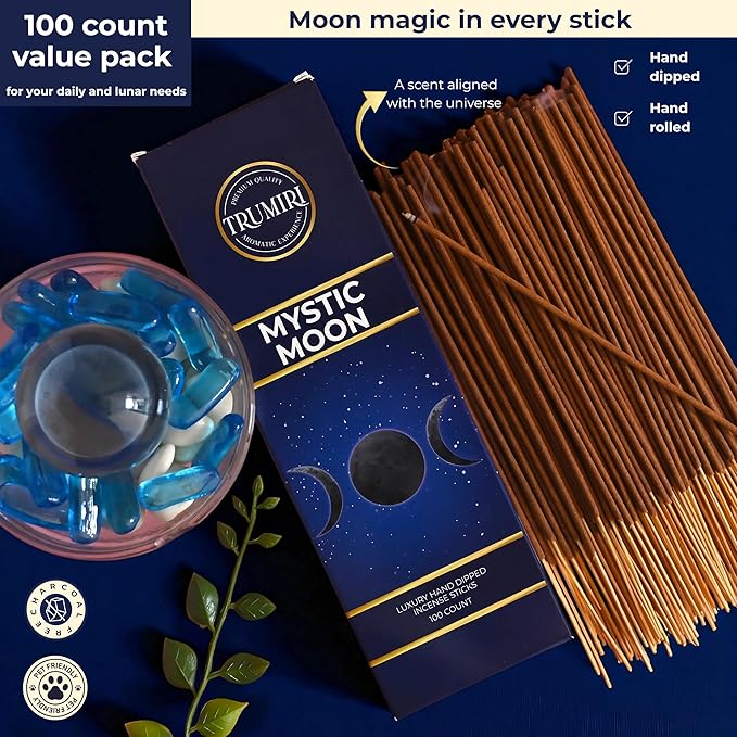 Mystic Moon Incense Sticks - Pack of 100 Insence-Sticks for Invoking Moon Magic - Made with Natural Raw Ingredients - Scented Insense Spiritual Inciensos Incents