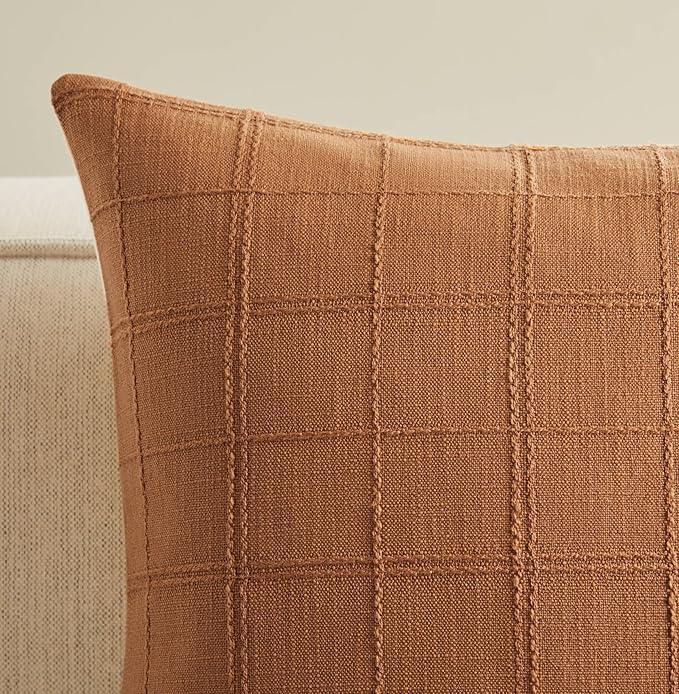 ZeeMart Linen Checked Lumbar Throw Pillow Covers Set of 2, 12x20 Inch Caramel/Cream, Farmhouse Decorative Single Sided Grid Embroidered Couch Pillow Cases Burnt Orange Cotton Linen Cushion Covers