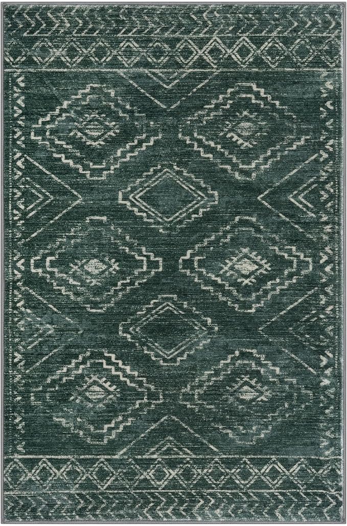 KILOCOCO Boho Entryway Rug 3x5 Area Rug Washable Non Slip Throw Rugs Soft for Kitchen Living Room Dining Bedroom Geometric Moroccan Carpet, Green